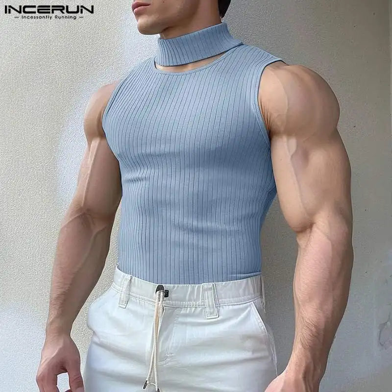 INCERUN Tops 2024 American Style New Men Knitted Semi High Neck Vests Summer Male  Streetwear Elastic Sleeveless Tank Tops S-5XL