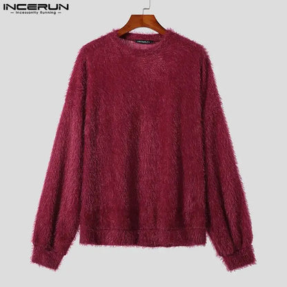 2023 Men Pullovers Solid Color Plush O-neck Long Sleeve Fashion Casual Men Clothing Streetwear Autumn Sweaters S-5XL INCERUN