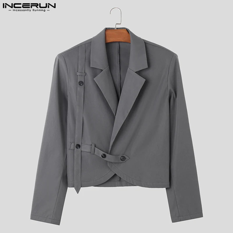 INCERUN Tops 2023 Korean Style Handsome Men Shoulder Pads Solid Cropped Blazer Casual Fashion Male Long Sleeved Suit Coats S-5XL