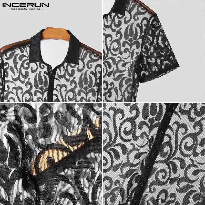 INCERUN Tops 2024 American Style Fashion Men Perspective Lace Fabric Shirts Casual Clubwear Male Thin Short Sleeved Blouse S-5XL