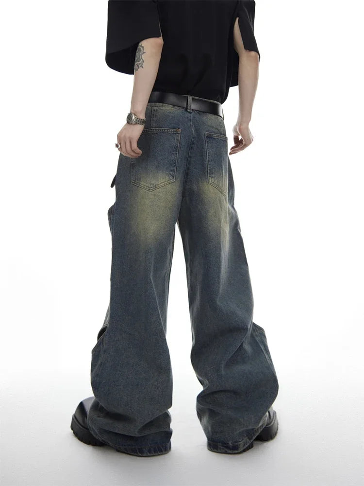 HOUZHOU Jeanshose mit weitem Bein für Herren, Streetwear, Baggy, Distressed-Denim, Übergröße, ausgehöhlt, lässig, koreanischer Hip-Hop