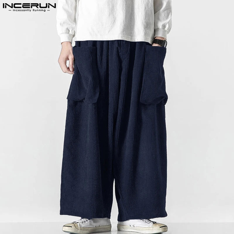 INCERUN 2024 Korean Style Pantalons New Men's Corduroy Pocket Design Pants Casual Well Fitting Solid Straight Leg Trousers S-5XL