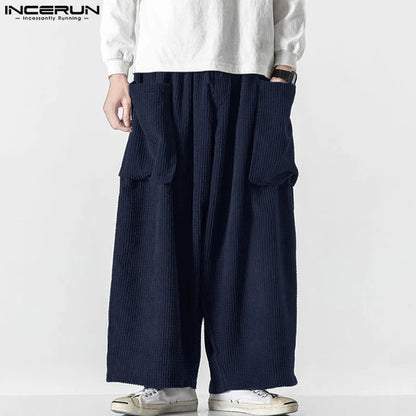 INCERUN 2024 Korean Style Pantalons New Men's Corduroy Pocket Design Pants Casual Well Fitting Solid Straight Leg Trousers S-5XL