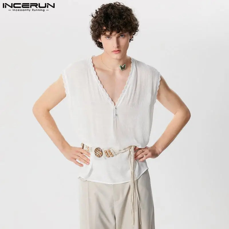 INCERUN Tops 2024 Korean Style Men's Casual See-through V-neck Vests Stylish Irregular Line Splicing Sleeveless Tank Tops S-5XL