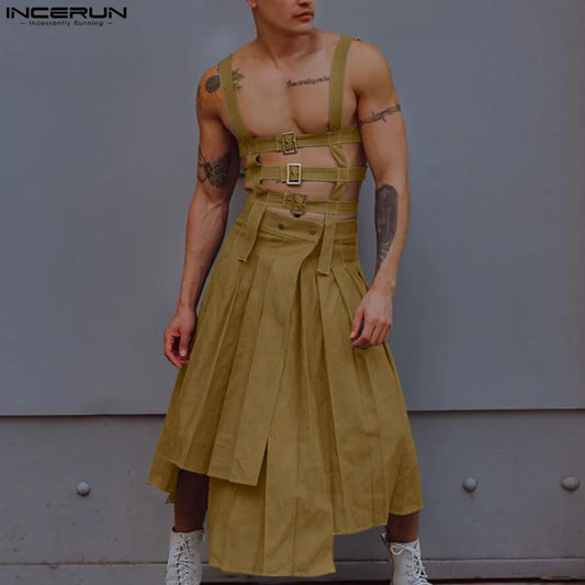 2023 Men Irregular Skirts Jumpsuits Solid Hollow Out Straps Rompers Men Pants Streetwear Personality Male Skirts S-5XL INCERUN