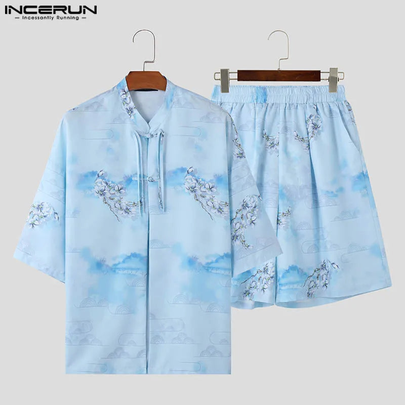 INCERUN 2024 Korean Style Sets Handsome Men Short Sleeved Shirts Shorts Casual Streetwear Loose Ethnic Print Suit 2 Pieces S-5XL