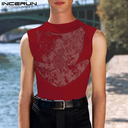 Sexy Stylish Style Tops INCERUN Men Perspective Flower Lace Patchwork Vests Casual Clubwear Thin Sleeveless Tank Tops S-5XL 2024