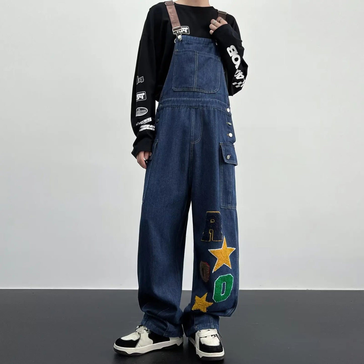 HOUZHOU Y2K Cargo Jeans Jumpsuit für Herren Streetwear Hip Hop Punk Loose Denim Bodysuits Overalls Männliche Taschenhose mit japanischem Print