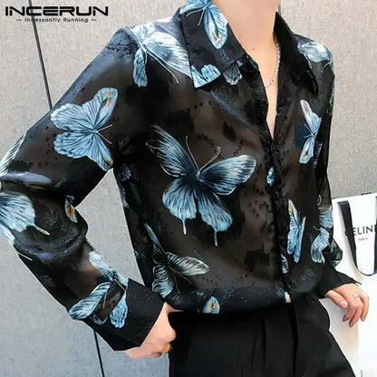 INCERUN Tops 2024 Korean Style Fashion Men's Funny Printed Pattern Shirt Casual Streetwear Perspective Long Sleeved Blouse S-5XL