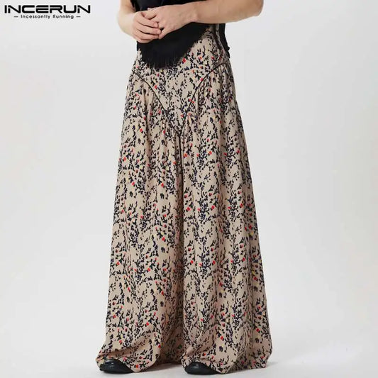 INCERUN 2024 American Style Pantalons Men Ethnic Printed High Waisted Silhouette Pants Casual Well Fitting Loose Trousers S-5XL