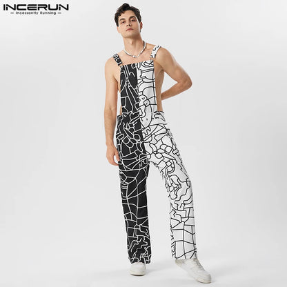 INCERUN 2023 American Style Men Bodysuit Black&White Contrast Color Graffiti Hollow Jumpsuits Casual Sexy Hot Sale Rompers S-5XL