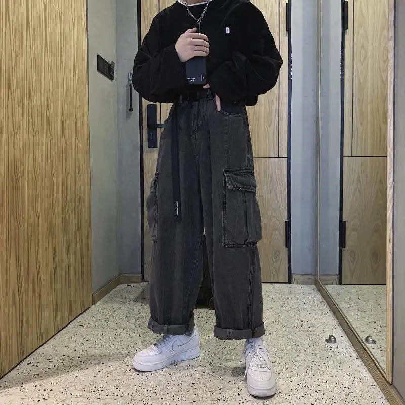 HOUZHOU Baggy-Jeans-Hose für Herren, Jeanshose, schwarze Hose mit weitem Bein, Jeans für Herren, lockere Freizeithose, koreanische Streetwear, Hip Hop, Harajuku