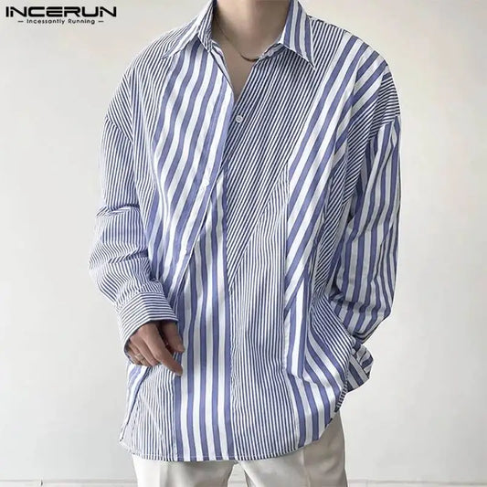 INCERUN Tops 2023 Korean Style New Men's Striped Patchwork Design Shirts Casual Streetwear Male Long Sleeved Lapel Blouse S-5XL