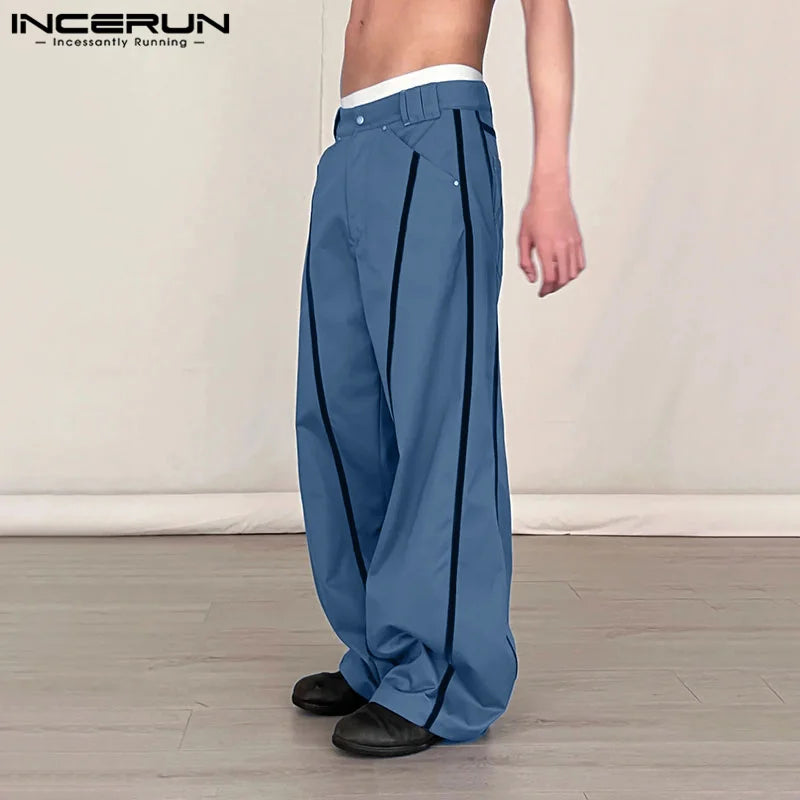 INCERUN 2024 Korean Style Trousers Men  All-matchSplicing Line Design Pants Casual Well Fitting Male Personality Pantalons S-5XL