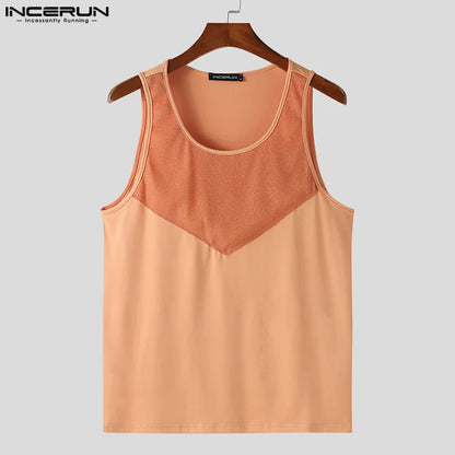 INCERUN Tops 2024 American Style New Men Glitter Fabric Mesh Splicing Vests Casual Sports Male Fitted Sleeveless Tank Tops S-5XL