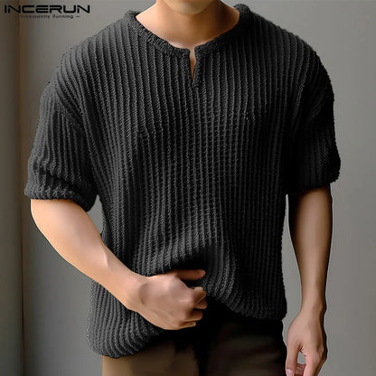 INCERUN Tops 2024 Korean Style New Men's O-neck Pit Stripe Striped T-shirts Casual Streetwear Male Short Sleeved Camiseta S-5XL