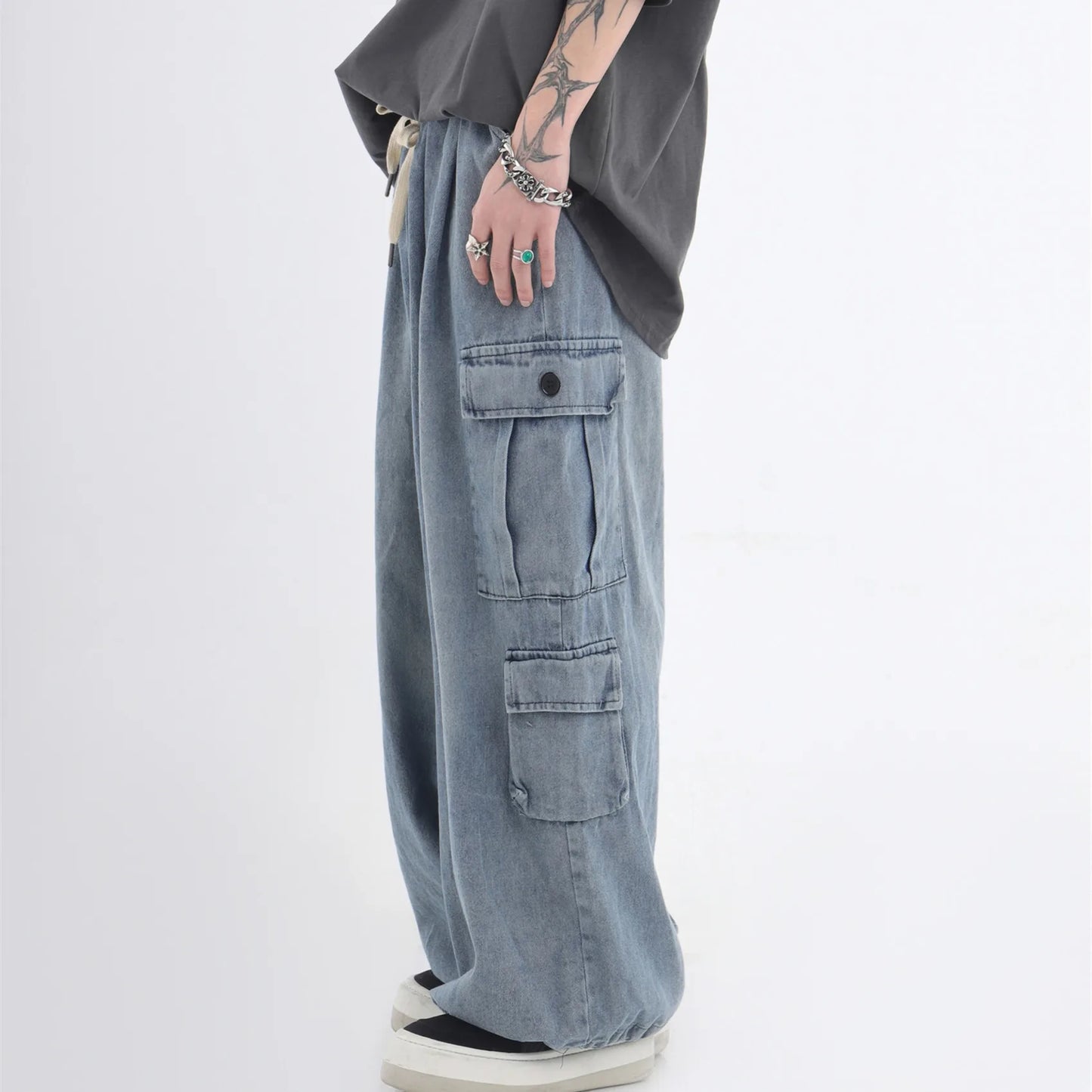 HOUZHOU Baggy Cargo Jeans Men Oversize Wide Leg Denim Trousers Male Cargo Pants Japanese Casual Loose Streetwear Hip Hop