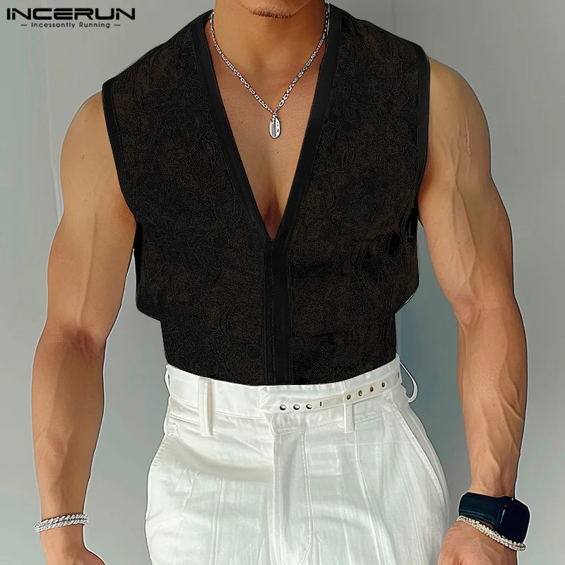 INCERUN Tops 2024 Style américain Nouveaux hommes Col en V Dentelle Impression Perspective Gilets Sexy Mode Homme Mince Sans Manches Débardeurs S-5XL