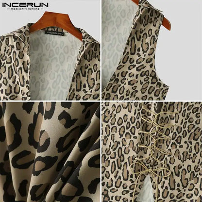 INCERUN Tops 2024 Stilvolle Casual Neue Männer der Kordelzug V-ausschnitt Westen Sexy Männlichen Heißer Verkauf Leopard Gedruckt Ärmellose Tank Tops S-5XL