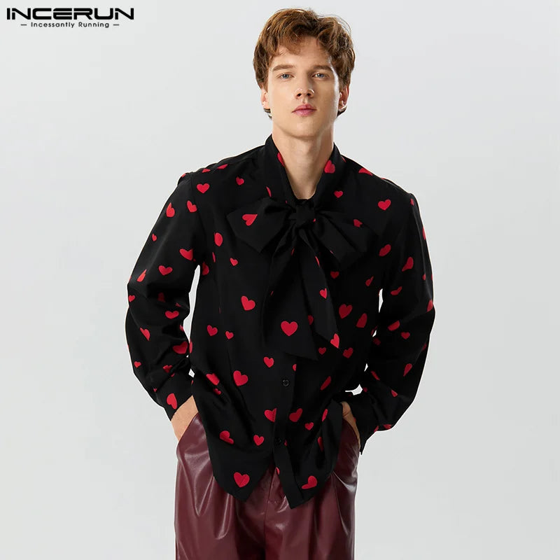 INCERUN Tops 2023 American Style New Men's Personality Love Bow Tie Design Shirts Casual Fashion Love Pattern Print Blouse S-5XL