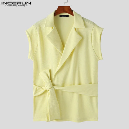 Casual Simple Style Tops INCERUN Men's Texture Slanted Placket Design Shirts Fashion Drawstring Sleeveless Cardigan Blouse S-5XL