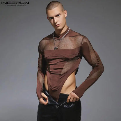 INCERUN 2023 Sexy Homewear Men's Bodysuits Half High Neck Mesh Splice Rompers Casual Fashion Thimble Long Sleeve Jumpsuits S-3XL