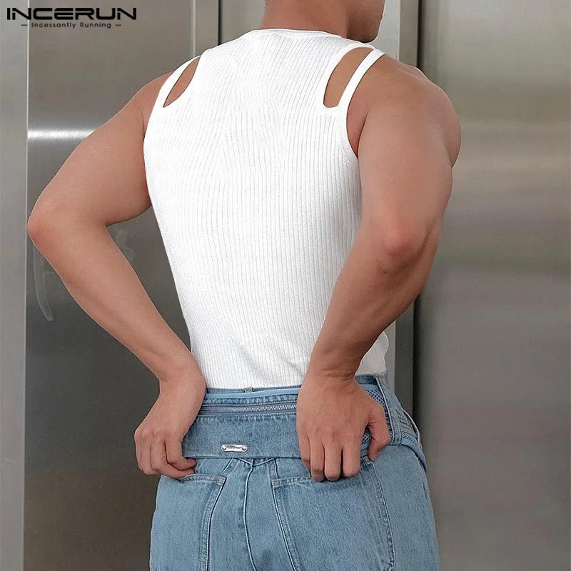 2023 männer Tank Tops Einfarbig Oansatz Ärmelloses Fitness Aushöhlen Westen Streetwear Fashion Casual Männer Kleidung S-5XL INCERUN