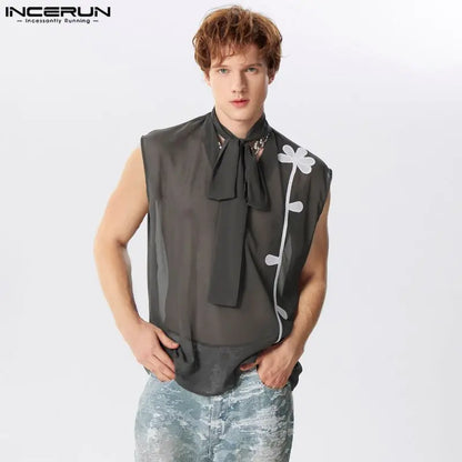 INCERUN Tops 2024 American Style Handsome Men Ribbon Design Vests Stylish Splicing Floral See-through Sleeveless Tank Tops S-5XL