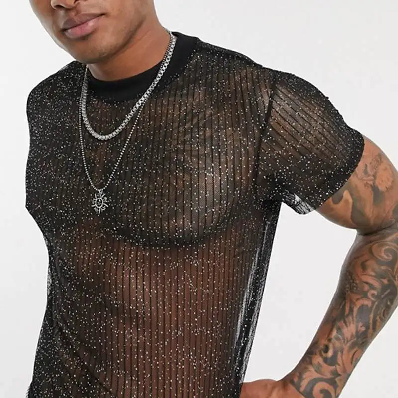 Sexy Männer Durchsichtig Kurzarm Top Pailletten Transparent Mesh Shirts Gay Exotic Tops 2024 Nacht Party Y2k Chemise Bühnenkostüm