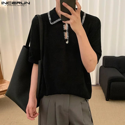 Fashion Well Fitting Tops INCERUN Men Line Design Contrast Color Shirts Summer Casual Male Short Sleeved Lapel Blouse S-5XL 2024