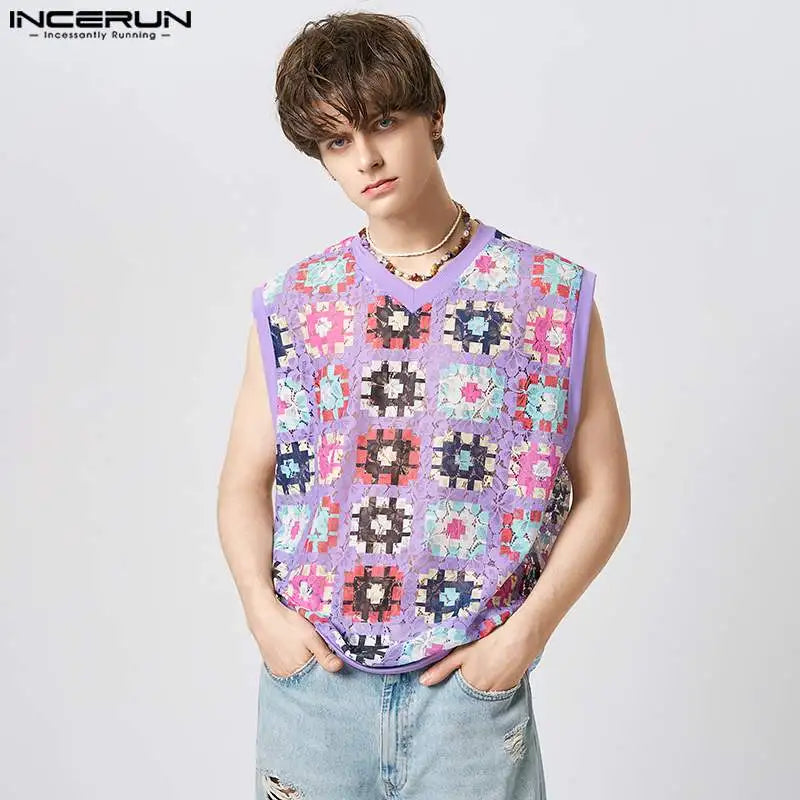 INCERUN 2023 Men Tank Tops Lace V Neck Sleeveless Printing See Through Summer Sexy Vests Streetwear Vacation Casual Men Clothing