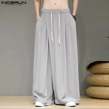 INCERUN 2024 Korean Style Trousers Men Solid All-match Long Pant Leisure Streetwear Male Hot Sale Loose Wide Leg Pantalons S-5XL