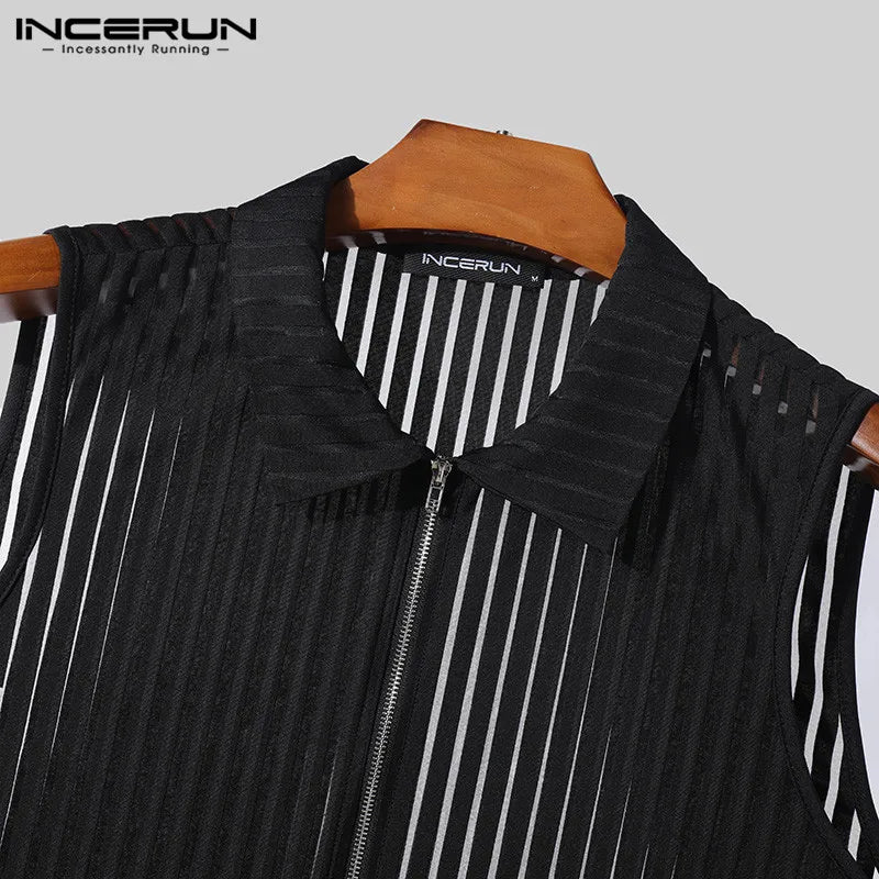 2024 Men Tank Tops Striped Mesh Lapel Sleeveless Zipper Male Vests Transparent Streetwear Summer Fashion Men Clothing INCERUN