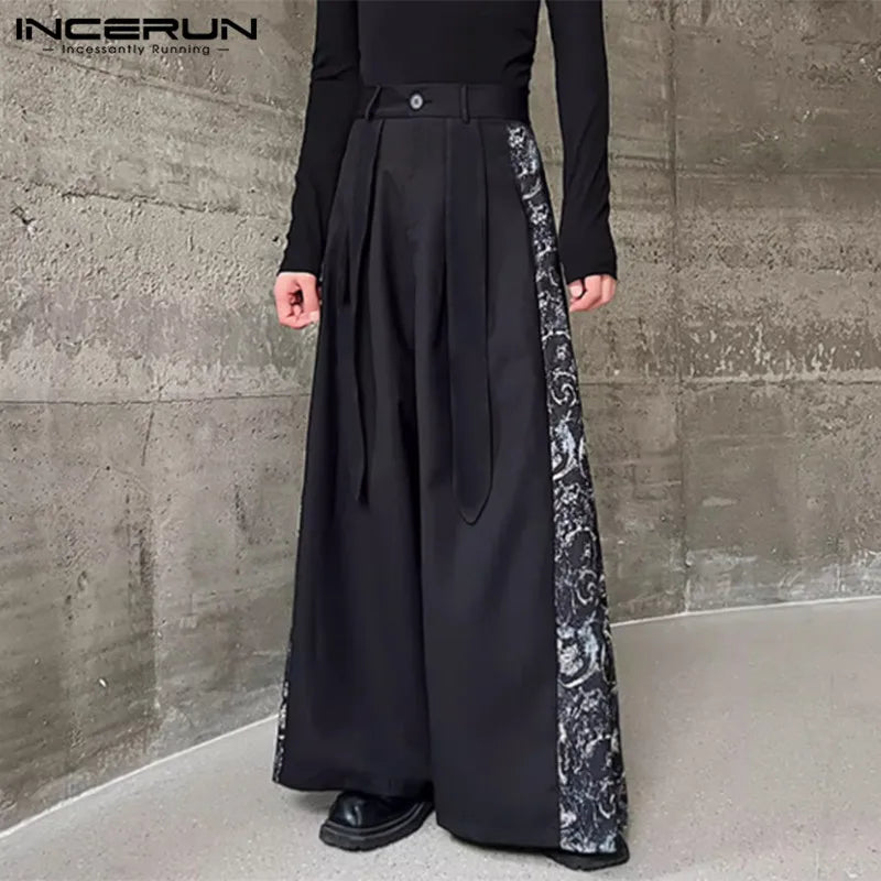 INCERUN 2024 Korean Style Trousers New Men's Printed Patchwork Wide Leg Skirts Pants Casual Personality Hot Sale Pantalons S-5XL