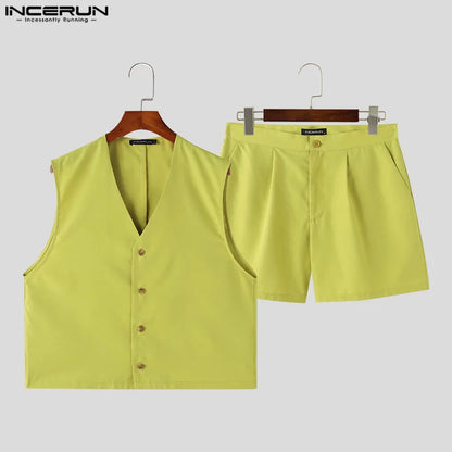 INCERUN Summer Men's Sets Fashion Solid Buttons V Neck Tops Blouses Shorts 2PCS Streetwear Party Suits Men Clothing Oversized