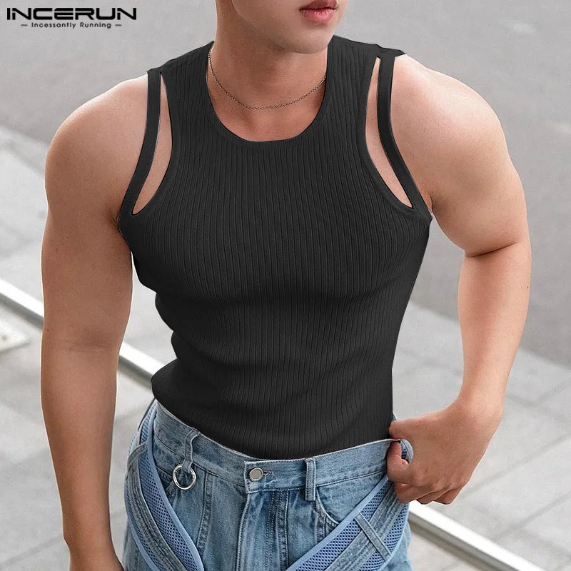 2023 männer Tank Tops Einfarbig Oansatz Ärmelloses Fitness Aushöhlen Westen Streetwear Fashion Casual Männer Kleidung S-5XL INCERUN