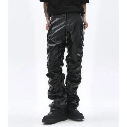 Pantalon plissé en cuir PU pour homme, style hip-hop, style rétro, streetwear, ample, froncé, décontracté, droit, couleur unie, noir