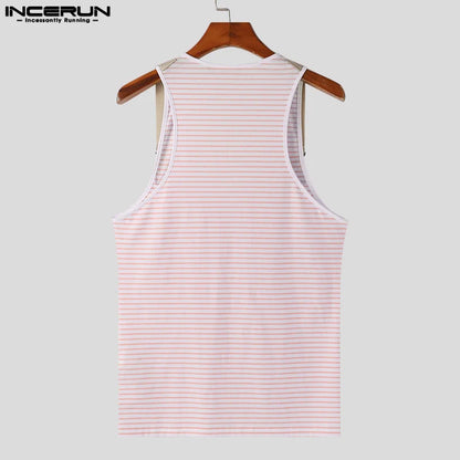 INCERUN Tops 2024 Koreanische Stil Mode Männer U-neck Patchwork Westen Männlichen Sommer Persönlichkeit Überzogene Gürtel Ärmellose Tank Tops S-5XL