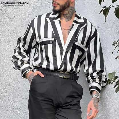 Mode Style Décontracté Hauts INCERUN Nouvelle Personnalité Pour Hommes Noir &amp; Blanc Rayé Poche Chemises Hommes Vente Chaude Chemisier À Manches Longues S-5XL