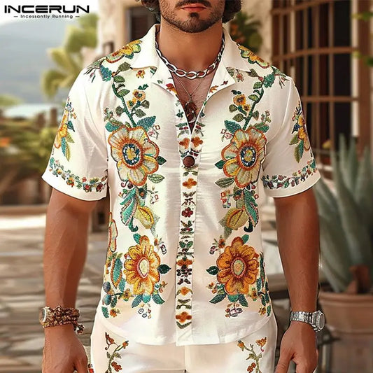 Fashion Well Fitting Tops INCERUN Men's Loose Floral Printed Shirts Summer Streetwear Male Short Sleeved Lapel Blouse S-5XL 2024