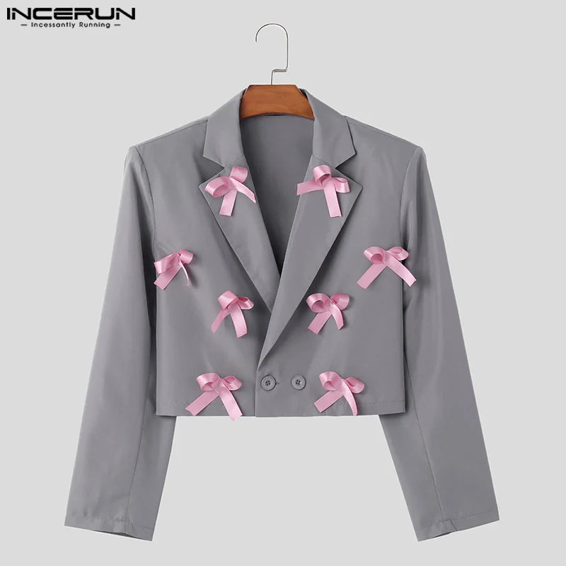 INCERUN Tops 2024 American Style New Men Ribbon Knot Decoration Design Blazer Fashion Casual Male Short Sleeved Suit Coats S-5XL