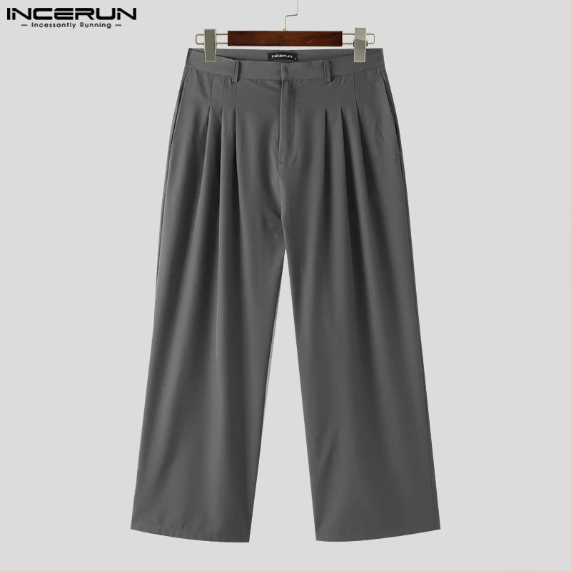 INCERUN 2024 Korean Style Trousers Men's Solid Casual Long Pants Fashionable Casual Male Floor Mop Straight Leg Pantalons S-5XL