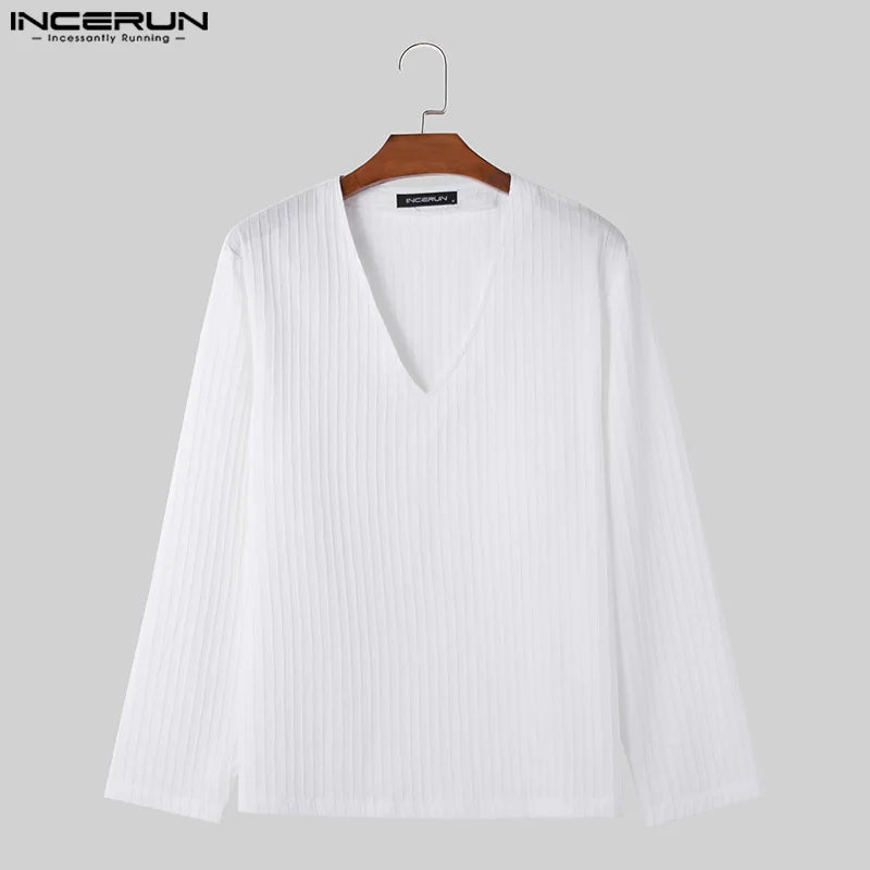 INCERUN Tops 2024 Korean Style Fashion New Men V-neck Pleated Camiseta Casual Solid All-match Simple Long Sleeved T-shirts S-5XL