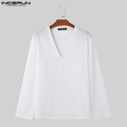 INCERUN Tops 2024 Koreanische Stil Mode Neue Männer V-ausschnitt Plissee Camiseta Casual Solide Alle-spiel Einfache Lange Ärmeln T-shirts S-5XL