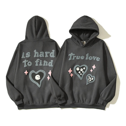 True Love is Hard to Find Foam Broken Hooded Hoodies for Men Streetwear Loose Casual Fleece Sweatshirts Unisex Pullover Hoody