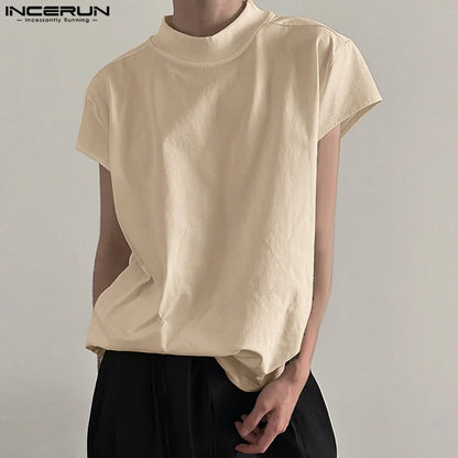 INCERUN Tops 2024 Korean Style New Men Solid Stand Collar Design T-shirts Casual Streetwear Male Loose Sleeveless Camiseta S-5XL