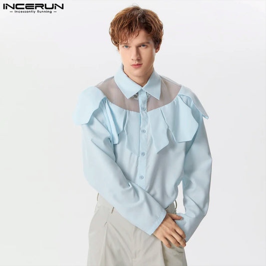 INCERUN Tops 2024 American Style Men's Mesh Splicing Multi Piece Style Shirts Casual Fashionable Male Long Sleeved Blouse S-5XL