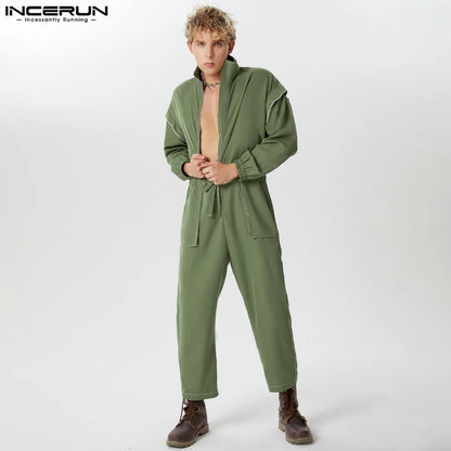 Fashion Casual Style Bodysuits INCERUN Men's Contrast Color Line Jumpsuits Male All-match Personality Long Sleeved Rompers S-5XL