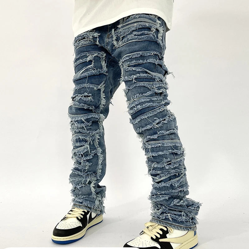 Retro-Loch-Rippen-Jeans für Herren, gerade gewaschen, Harajuku, Hip-Hop, lockere Jeanshose, Vibe-Stil, lässige Jeanshose