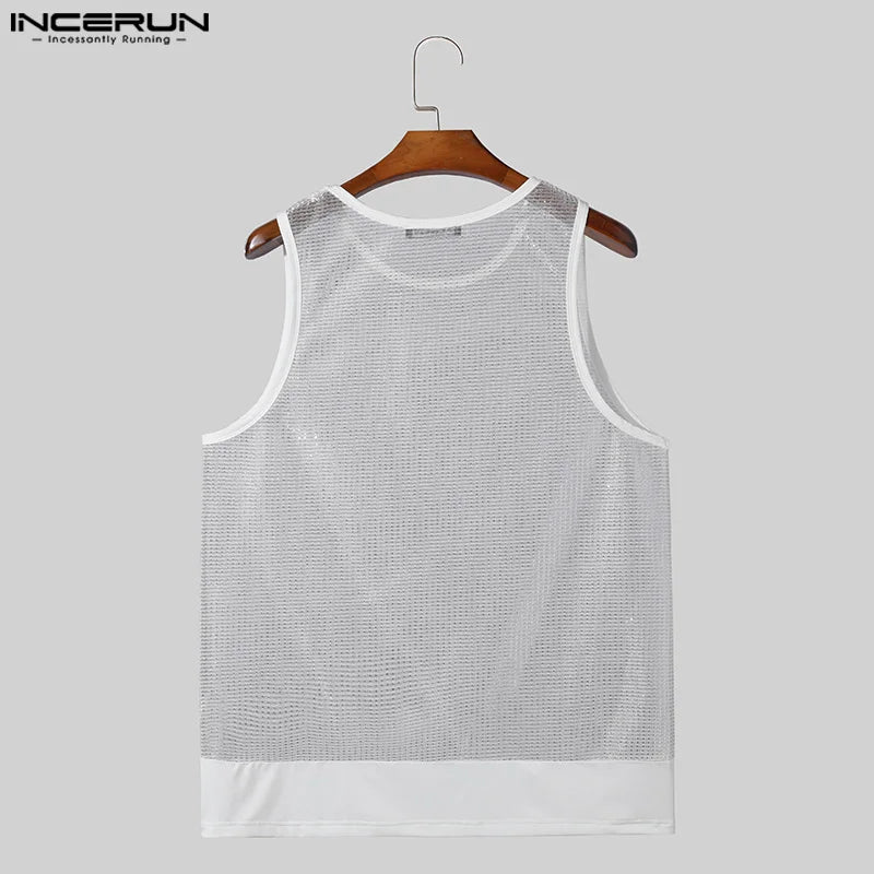 Sexy Fashion Style Tops INCERUN Herren Glitter Micro Perspective Westen Casual Streetwear Patchwork Edge Ärmellose Tank Tops S-5XL